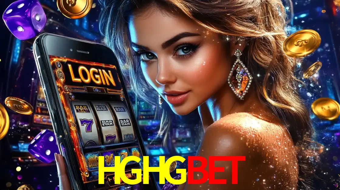 Mulher glamorosa segurando um smartphone com a tela de login para os jogos de caça-níqueis do cassino online HGHGBET, com moedas de ouro e dados ao redor.